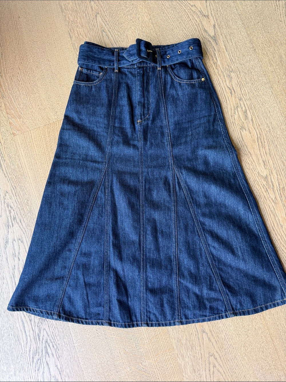ba&sh Dark Blue Denim A-Line Skirt with Belted Waist
